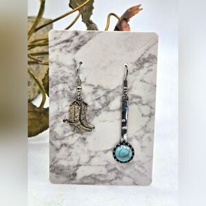 "5/$25" Mismatched Western Cowboy Boot Pewter Finish Turquoise Dangle Earrings